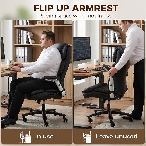 HOMCOM Big and Tall Office Chair with Airbag Lumbar Support, Pet-Friendly Fabric, Computer Chair with Flip-Up Armrests, Pocket Springs, Black