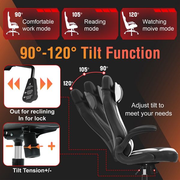 FDW PC Gaming Chair Office Chair Desk Chair with Lumbar Support Flip Up Arms Headrest, Black