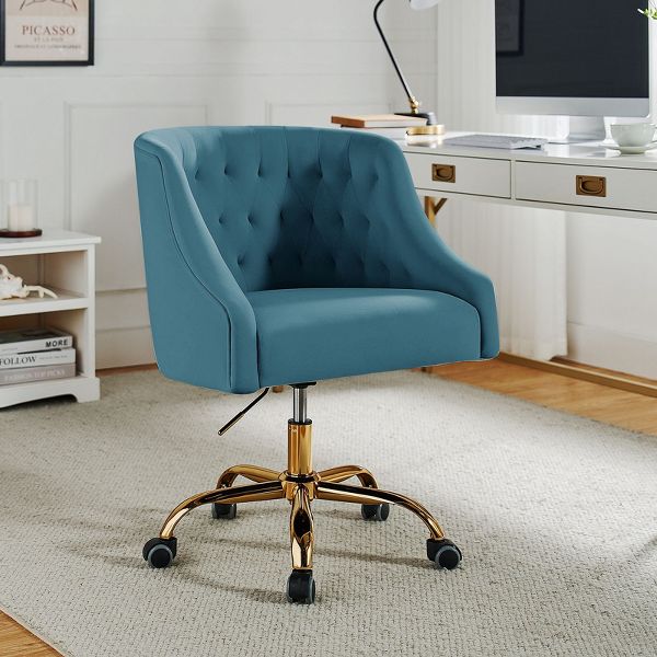 Anika Modern Velvet Height-adjustable Swivel Task Office Chair with Button-tufted Back and Gold Base | Karat Home - Black