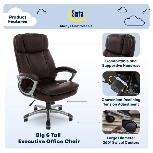 Big and Tall Executive Office Chair Cognac - Serta: 350lb Capacity, Ergonomic, Swivel, Adjustable