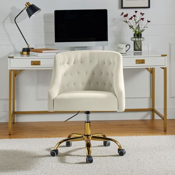 Anika Modern Velvet Height-adjustable Swivel Task Office Chair with Button-tufted Back and Gold Base | Karat Home - Black