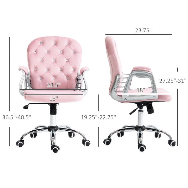 Vinsetto Vanity Velvet Mid Back Office Chair Swivel Tufted Backrest Task Chair with Padded Armrests, Adjustable Height, Rolling Wheels, Pink