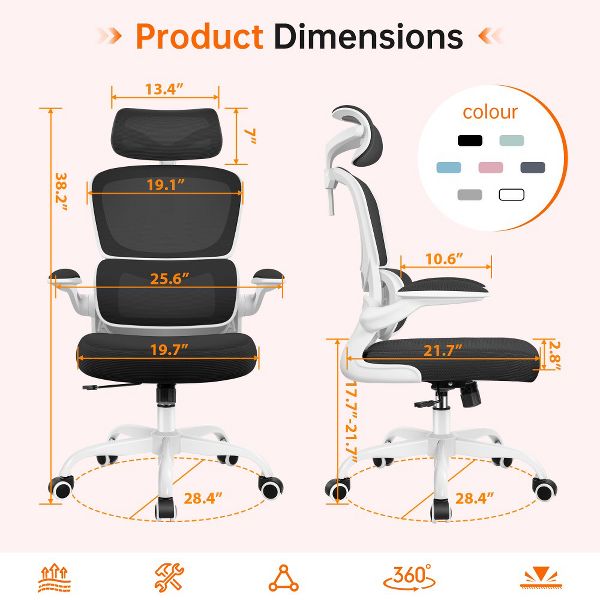 KERDOM Office Chair, Breathable Mesh Comfy Chair with Lumbar Support, Flip-up Armrests, Desk Chair for Adults Home Office, Black