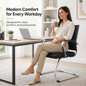 LeisureMod Benmar Modern Leather Office Chair - Ergonomic Sled Base Desk Chair with Fixed Armrests & Sturdy Steel Frame for Home or Executive Office