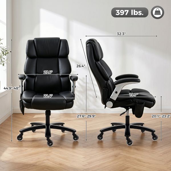 HOMCOM Big and Tall Office Chair with Airbag Lumbar Support, Pet-Friendly Fabric, Computer Chair with Flip-Up Armrests, Pocket Springs, Black
