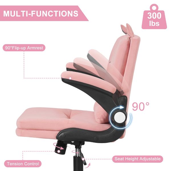 VECELO Cat-Themed Office Chair, Adjustable Height Upholstered Desk Chair with Flip Arms, 360° Swivel Ergonomic Study Chair, Pink