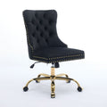 Adjustable Desk Chair Swivel Office Chair, Modern Velvet Upholstered Tufted Button Home Office Chair with Golden Metal Base (Black)