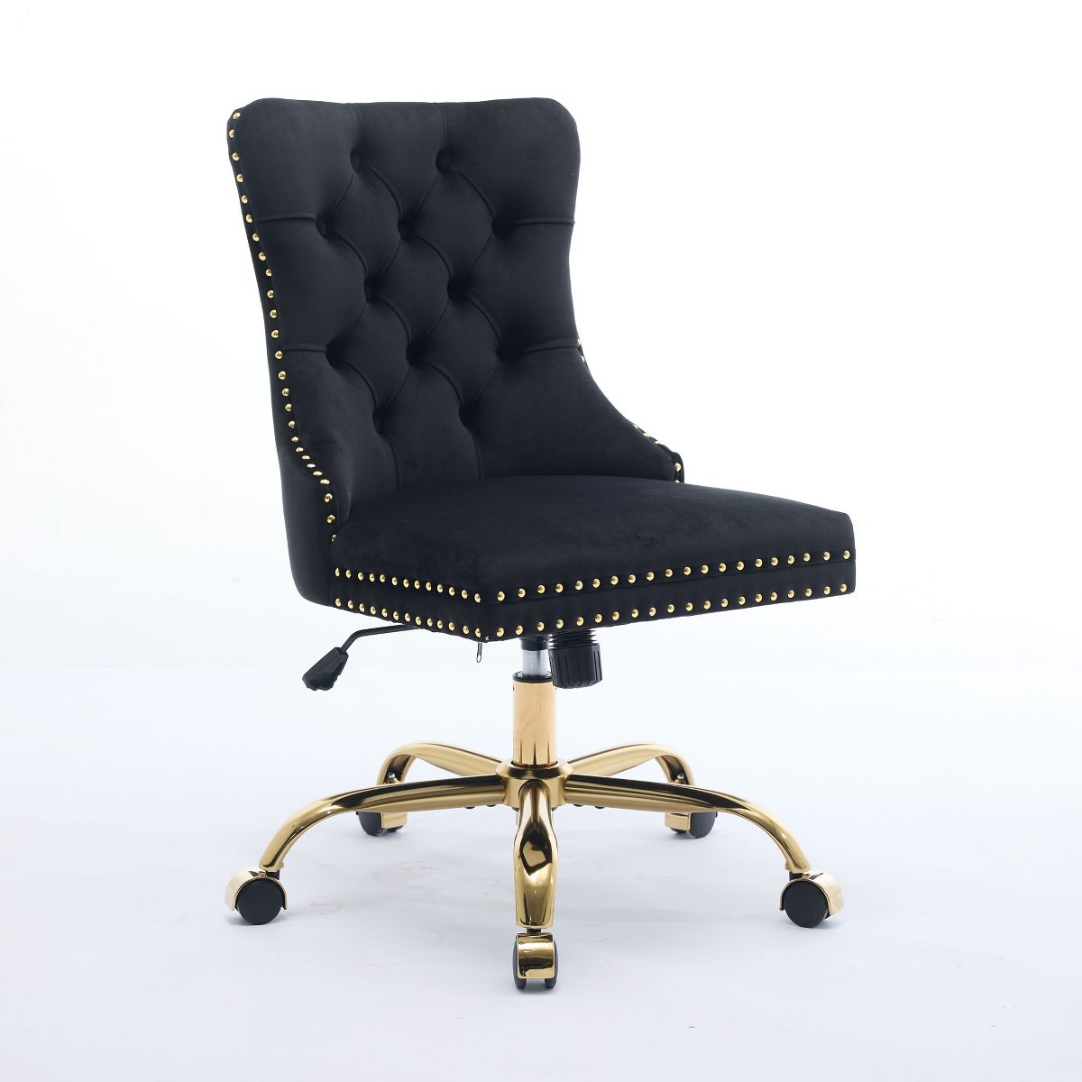 Adjustable Desk Chair Swivel Office Chair, Modern Velvet Upholstered Tufted Button Home Office Chair with Golden Metal Base (Black)