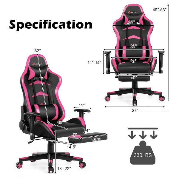 Costway Office Massage Gaming Chair Reclining Swivel Racing with Footrest Pink