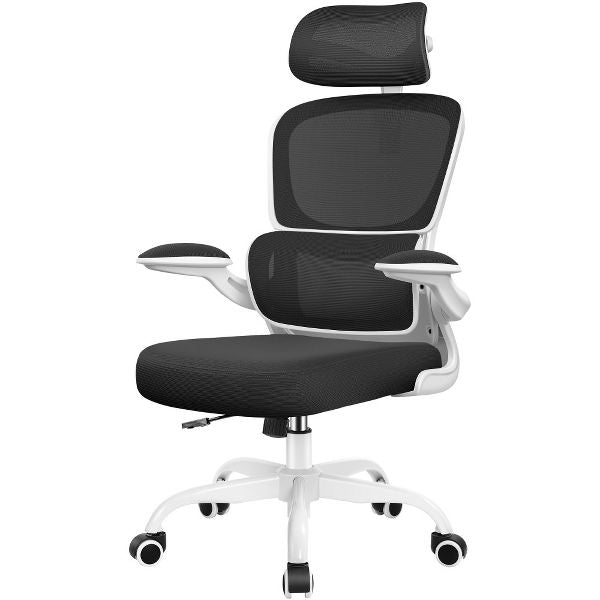 KERDOM Office Chair, Breathable Mesh Comfy Chair with Lumbar Support, Flip-up Armrests, Desk Chair for Adults Home Office, Black