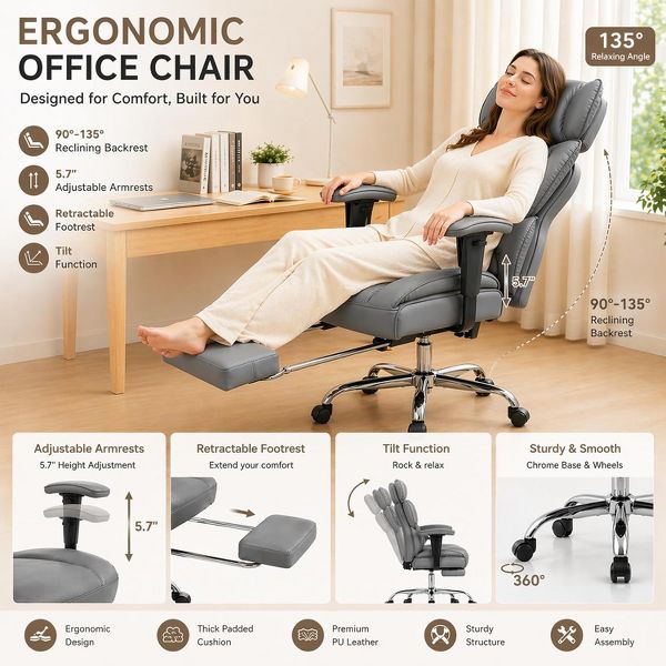 Bestier 27-in W Ergonomic Office Chair with Adjustable Armrests Reclining Footrest 350 lb Capacity for Home Office Gaming, Black