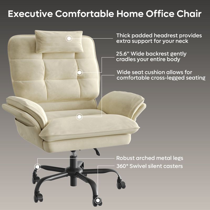 Bestier Big and Tall Executive Office Chair with Flip-Up Arms, Adjustable Height, Reclining Office Chair with Headrest & Side Pockets, Beige