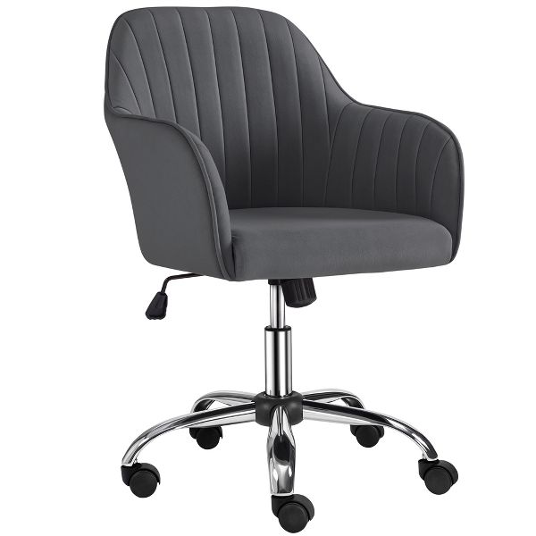 Yaheetech Modern Faux Leather Desk Chair, 360° Swivel Height Adjustable Upholstered Computer Chair for Home Office Study, Dark Gray