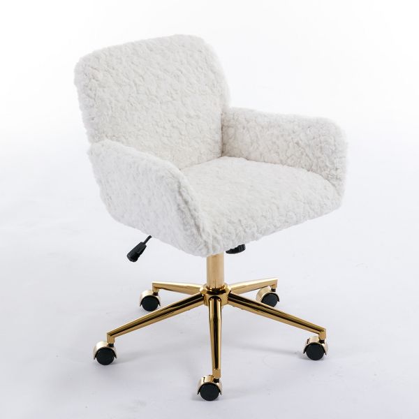 Artificial Alpaca Wool Office Chair with Golden Metal Base, Adjustable Desk Chair Swivel, Reclines 40¡ã, Larger 320 mm Base, Wider and Deeper Seat