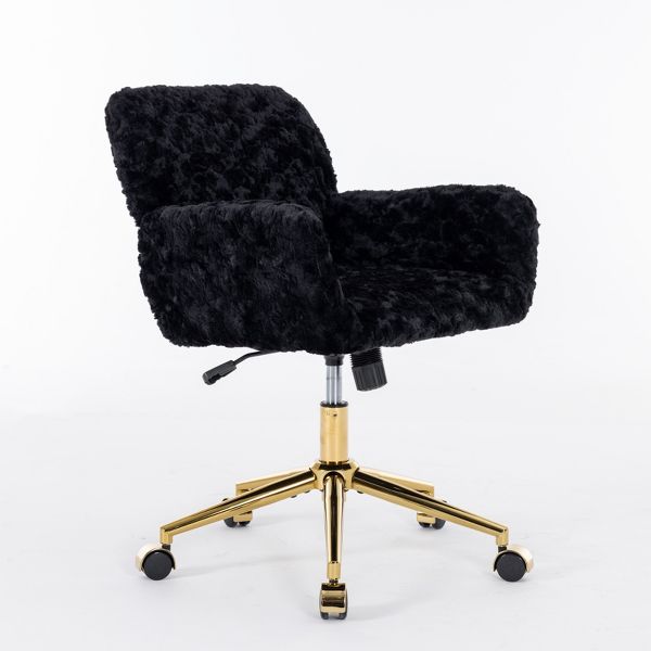 Adjustable Faux Fur Office Chair with Gold Base, Swivel Upholstered Desk Chair with Armrests, Black