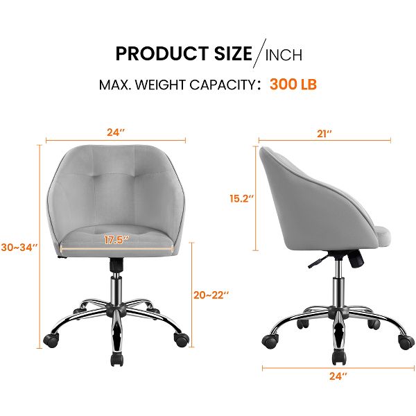 Yaheetech Velvet Desk Chair for Home Office, Soft Height Adjustable 360° Swivel Computer Chair, Gray