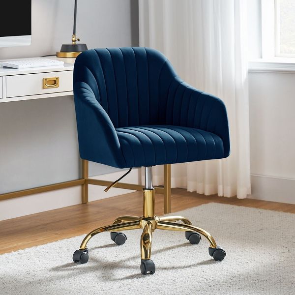Alex Velvet Height-adjustable Swivel Task Office Chair with Channel-tufted Back and Gold Metal Base | Karat Home - Black