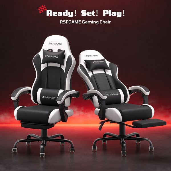 RSPGAME Basic Ergonomic Gaming Chairs for Adults, PU Leather Office Chairs with Lumbar Support, Pocket Spring Cushion and Retractable Footrest