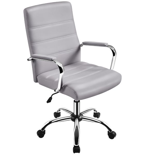 Yaheetech Mid-Back Swivel Office Chair, PU Leather Executive Chair with Adjustable Seat & Chrome Base for Home Office, Light Gray