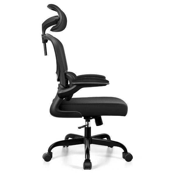 KERDOM Office Chair, Breathable Mesh Comfy Chair with Lumbar Support, Flip-up Armrests, Desk Chair for Adults Home Office, Black