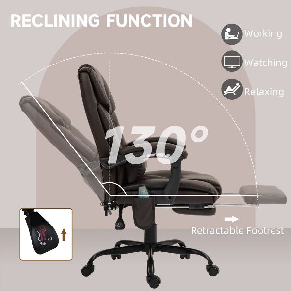 Vinsetto High Back Vibration Massage Office Chair with 6 Points, Height Adjustable Reclining Office Chair with Retractable Footrest and Remote, Brown