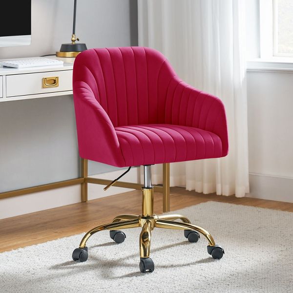 Alex Velvet Height-adjustable Swivel Task Office Chair with Channel-tufted Back and Gold Metal Base | Karat Home - Black