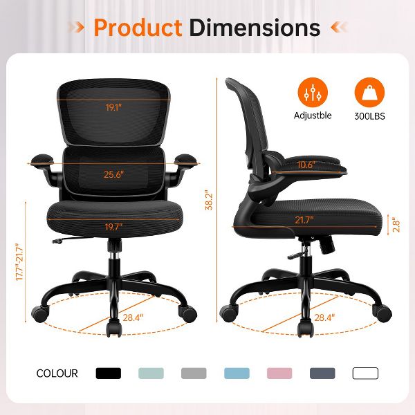 KERDOM Office Chair, Breathable Mesh Comfy Chair with Lumbar Support, Flip-up Armrests, Desk Chair for Adults Home Office, Black
