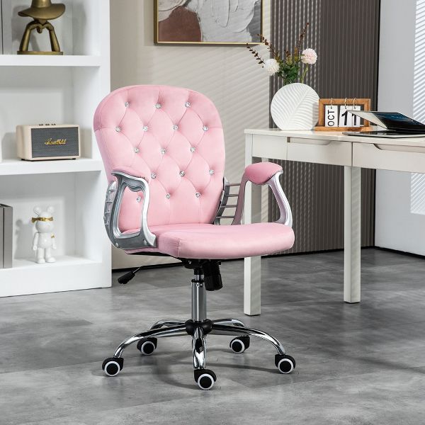 Vinsetto Vanity Velvet Mid Back Office Chair Swivel Tufted Backrest Task Chair with Padded Armrests, Adjustable Height, Rolling Wheels, Pink