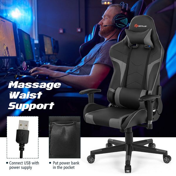 Costway Massage Gaming Chair Reclining Swivel Racing Office Chair w/Lumbar Support Blue