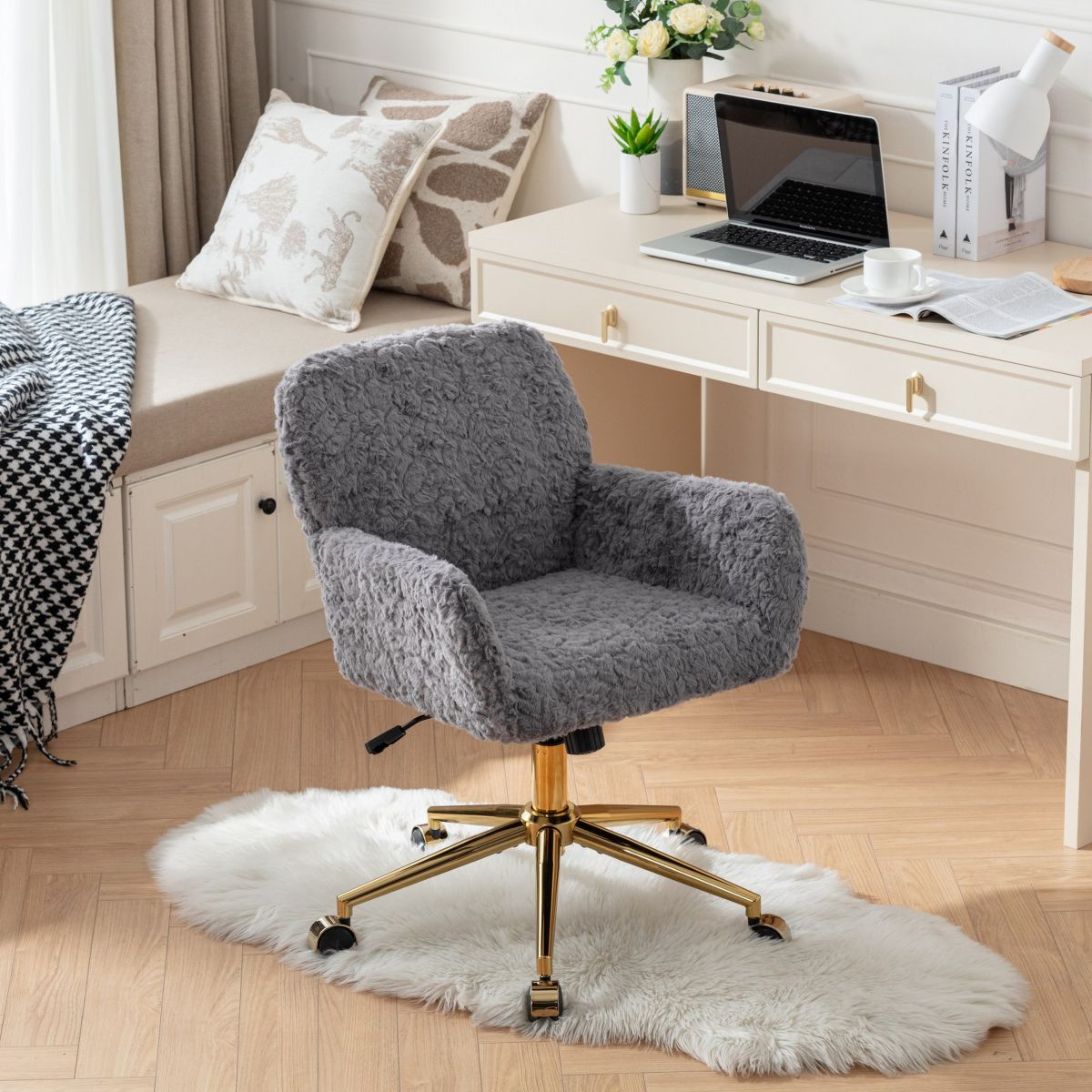 Adjustable Faux Fur Office Chair with Gold Base, Swivel Upholstered Desk Chair with Armrests, Gray