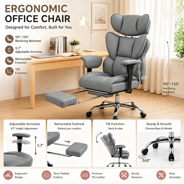 Bestier 27-in W Ergonomic Office Chair with Adjustable Armrests Reclining Footrest 350 lb Capacity for Home Office Gaming, Black