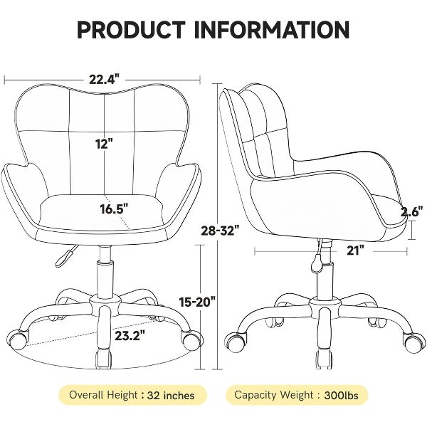 KERDOM Adjustable Upholstered Office Chair 360° Swivel Desk Chair with Wheels High Density Foam Ergonomic Computer Chair for Home Office,Beige