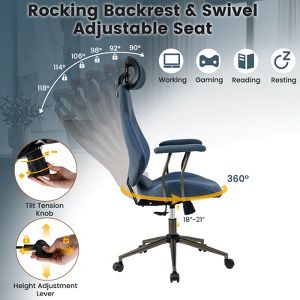 Costway Ergonomic Office Chair with 2D Headrest, Rocking Backrest & Wheels, Gaming Chair Blue