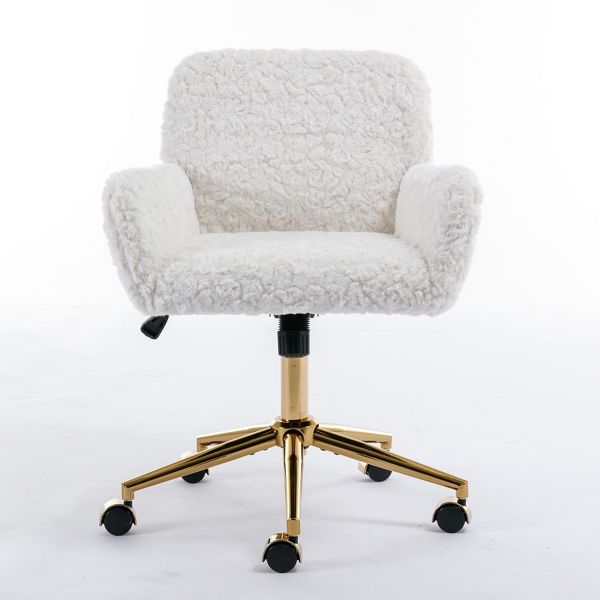 Adjustable Faux Fur Office Chair with Gold Base, Swivel Upholstered Desk Chair with Armrests, Beige