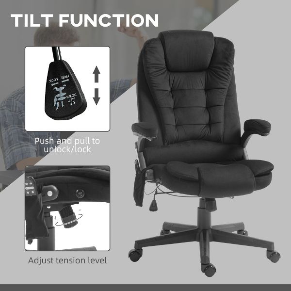 HOMCOM 6 Point Vibrating Massage Office Chair with Heat, Velvet High Back Executive Office Chair with Reclining Backrest, Armrests, Black