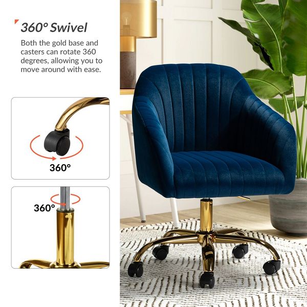 Alex Velvet Height-adjustable Swivel Task Office Chair with Channel-tufted Back and Gold Metal Base | Karat Home - Black