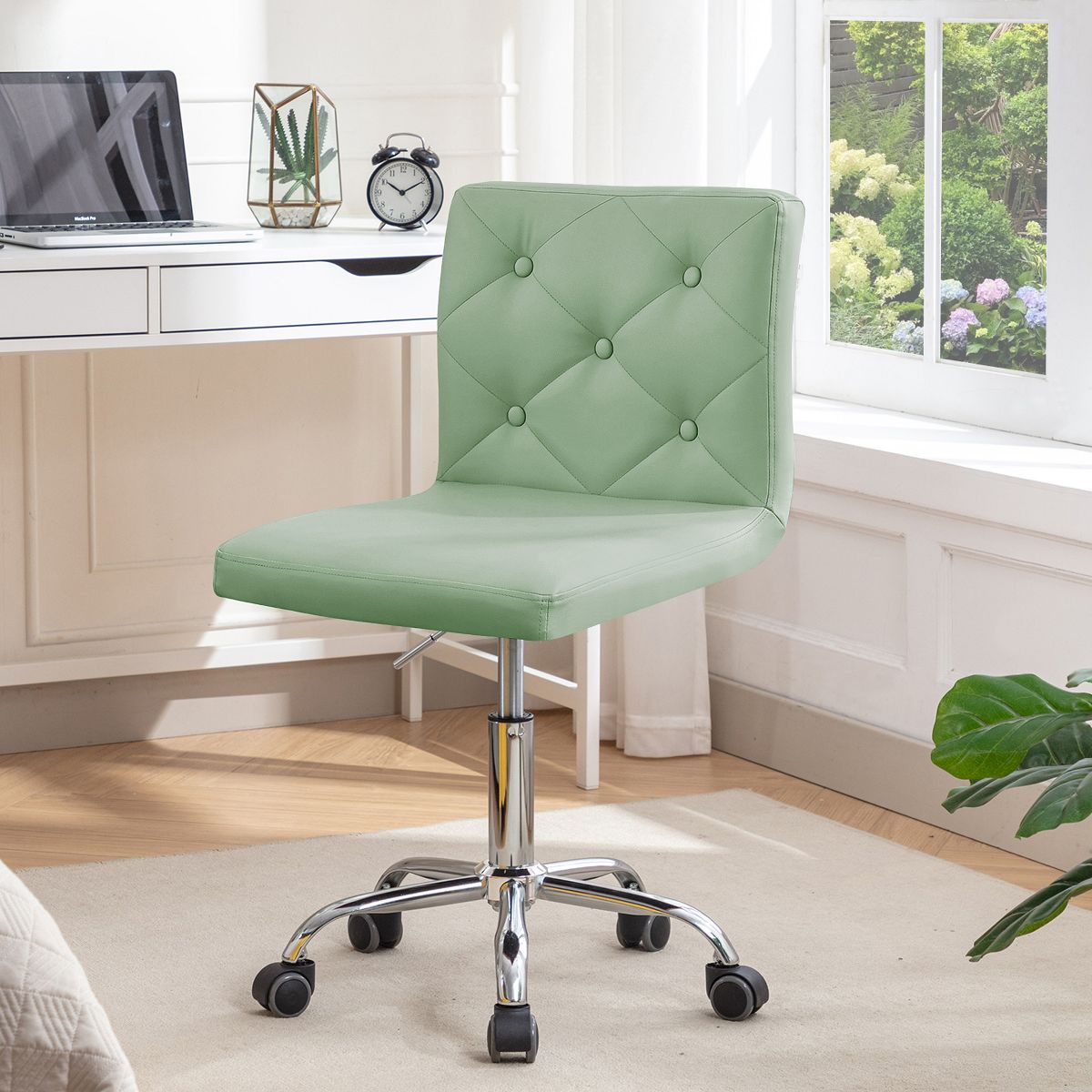 VECELO PU Leather Modern Office Computer Chair with Upholstery and Adjustable Metal Base, Mid-Back Armless Swivel Office Chairs, Green