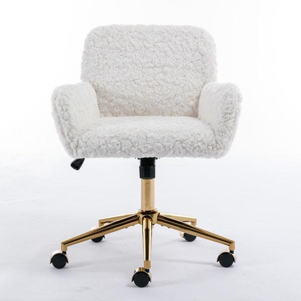 Artificial Alpaca Wool Office Chair with Golden Metal Base, Adjustable Desk Chair Swivel, Reclines 40¡ã, Larger 320 mm Base, Wider and Deeper Seat