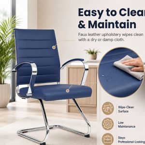 LeisureMod Benmar Modern Leather Office Chair - Ergonomic Sled Base Desk Chair with Fixed Armrests & Sturdy Steel Frame for Home or Executive Office