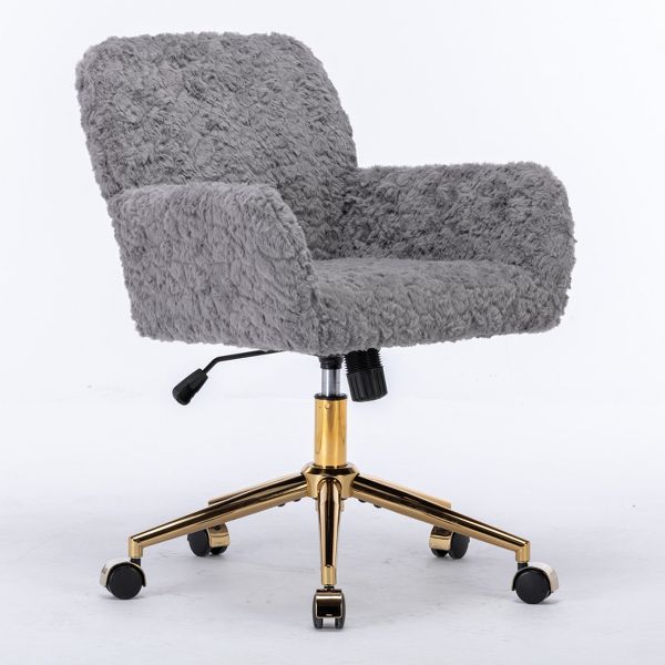 Adjustable Faux Fur Office Chair with Gold Base, Swivel Upholstered Desk Chair with Armrests, Gray