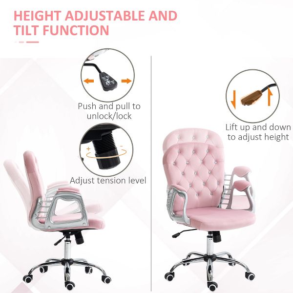 Vinsetto Vanity Velvet Mid Back Office Chair Swivel Tufted Backrest Task Chair with Padded Armrests, Adjustable Height, Rolling Wheels, Pink