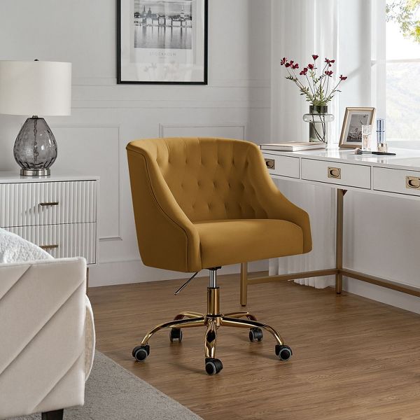Anika Modern Velvet Height-adjustable Swivel Task Office Chair with Button-tufted Back and Gold Base | Karat Home - Black