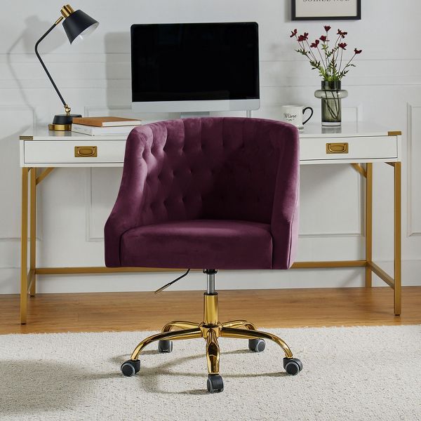 Anika Modern Velvet Height-adjustable Swivel Task Office Chair with Button-tufted Back and Gold Base | Karat Home - Black