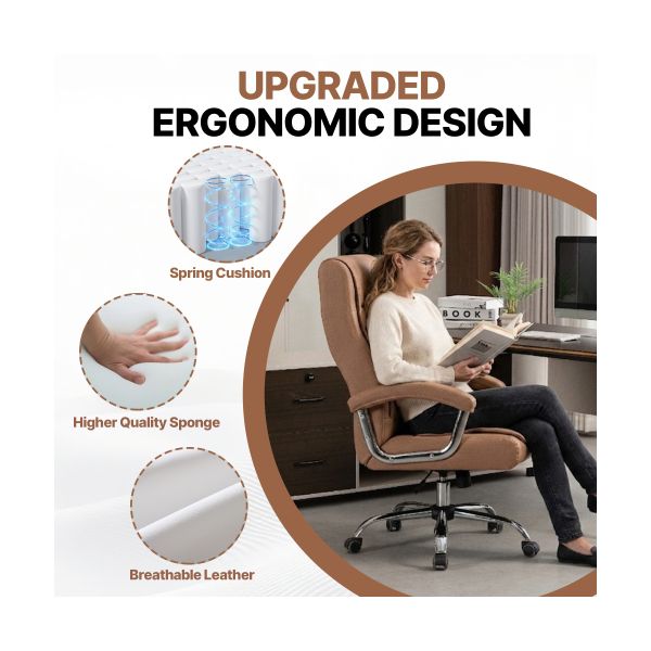 Camel Executive Office Chair, High Back PU Leather Swivel Desk Chair with Spring Cushion, Chrome Armrests and 350 lb Capacity