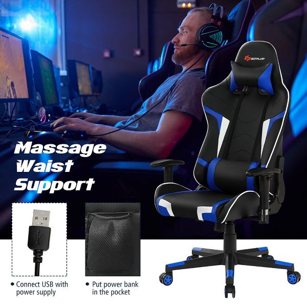 Costway Massage Gaming Chair Reclining Swivel Racing Office Chair w/Lumbar Support Blue