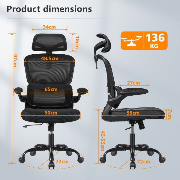 KERDOM Office Chair, Breathable Mesh Comfy Chair with Lumbar Support, Flip-up Armrests, Desk Chair for Adults Home Office, Black