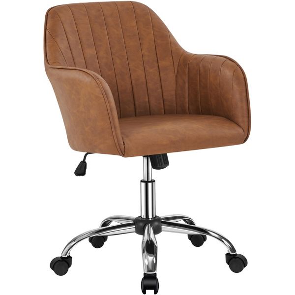 Yaheetech Modern Faux Leather Desk Chair, 360° Swivel Height Adjustable Upholstered Computer Chair for Home Office Study, Dark Gray