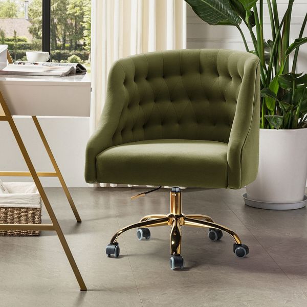 Anika Modern Velvet Height-adjustable Swivel Task Office Chair with Button-tufted Back and Gold Base | Karat Home - Black