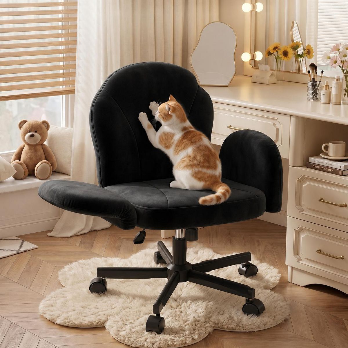 Bestier Criss Cross Chair Vanity Desk Chair with Foldable Armrests, Reclining Office Chair for Home Office, Makeup & Reading,Pet-Friendly, Beige