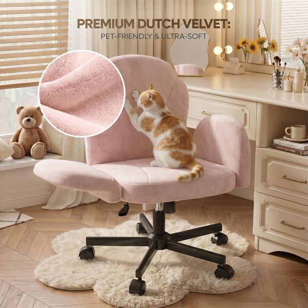 Bestier Criss Cross Chair Vanity Desk Chair with Foldable Armrests, Reclining Office Chair for Home Office, Makeup & Reading,Pet-Friendly, Beige